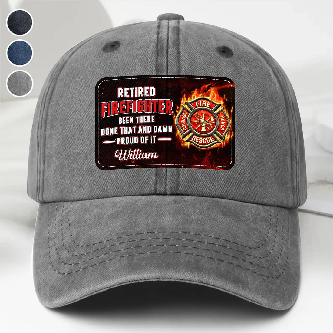 Retired Firefighter Denim Cap for Dad with personalized design details for meaningful gifting