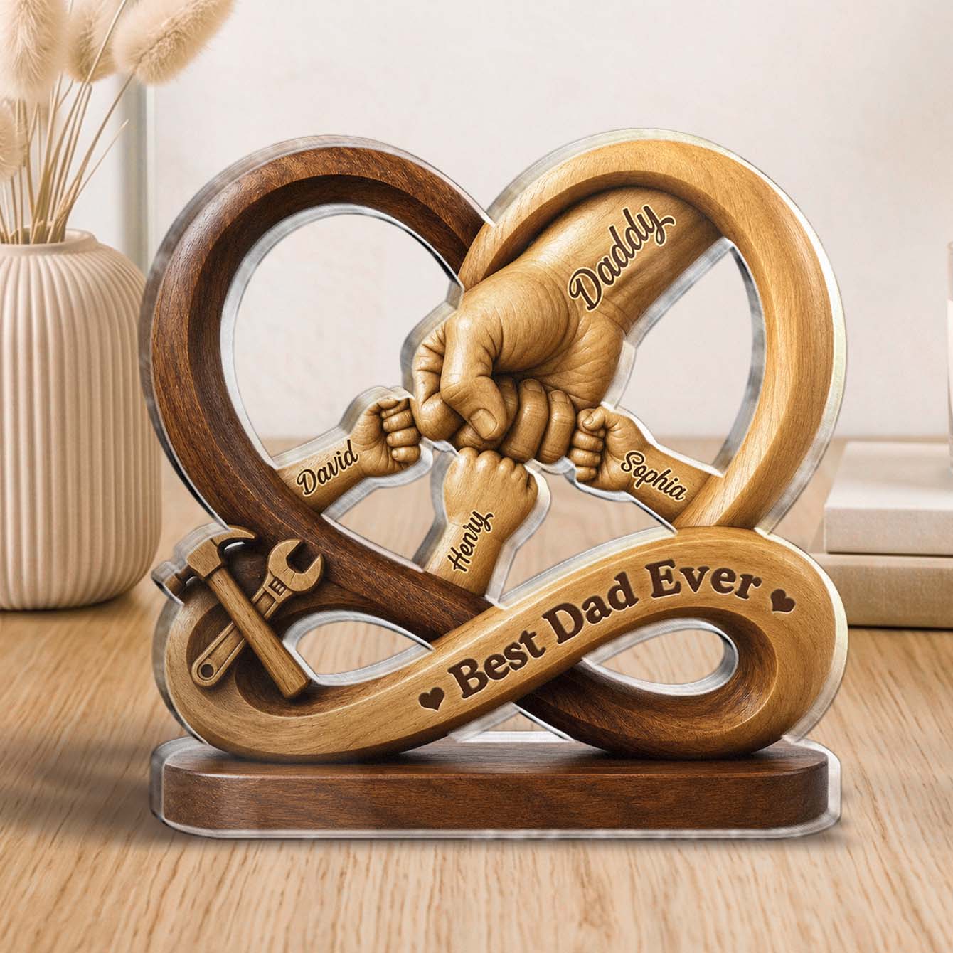 Personalized dad acrylic plaque with custom family fist bumps and tool design for Father's Day gift image 7