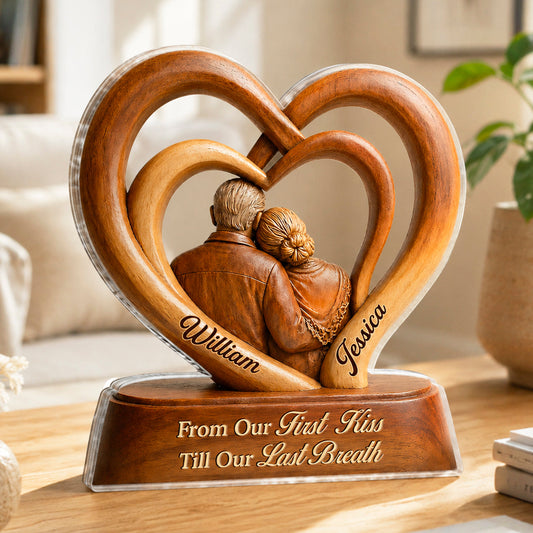 Custom romantic anniversary plaque with intertwined hearts and a couple sculpture for husband or wife