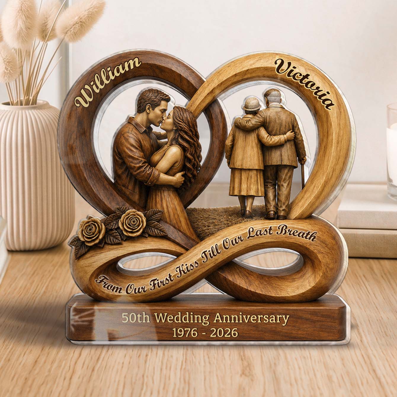 Personalized 50th anniversary gift custom acrylic plaque showing young and elderly couple kissing and walking together image 7