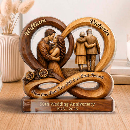 Personalized 50th anniversary gift custom acrylic plaque showing young and elderly couple kissing and walking together image 7