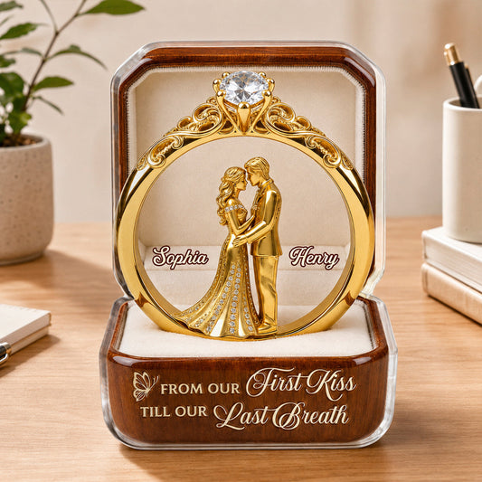 Personalized couple acrylic plaque shaped like a gold diamond ring with a custom name wedding figurine gift
