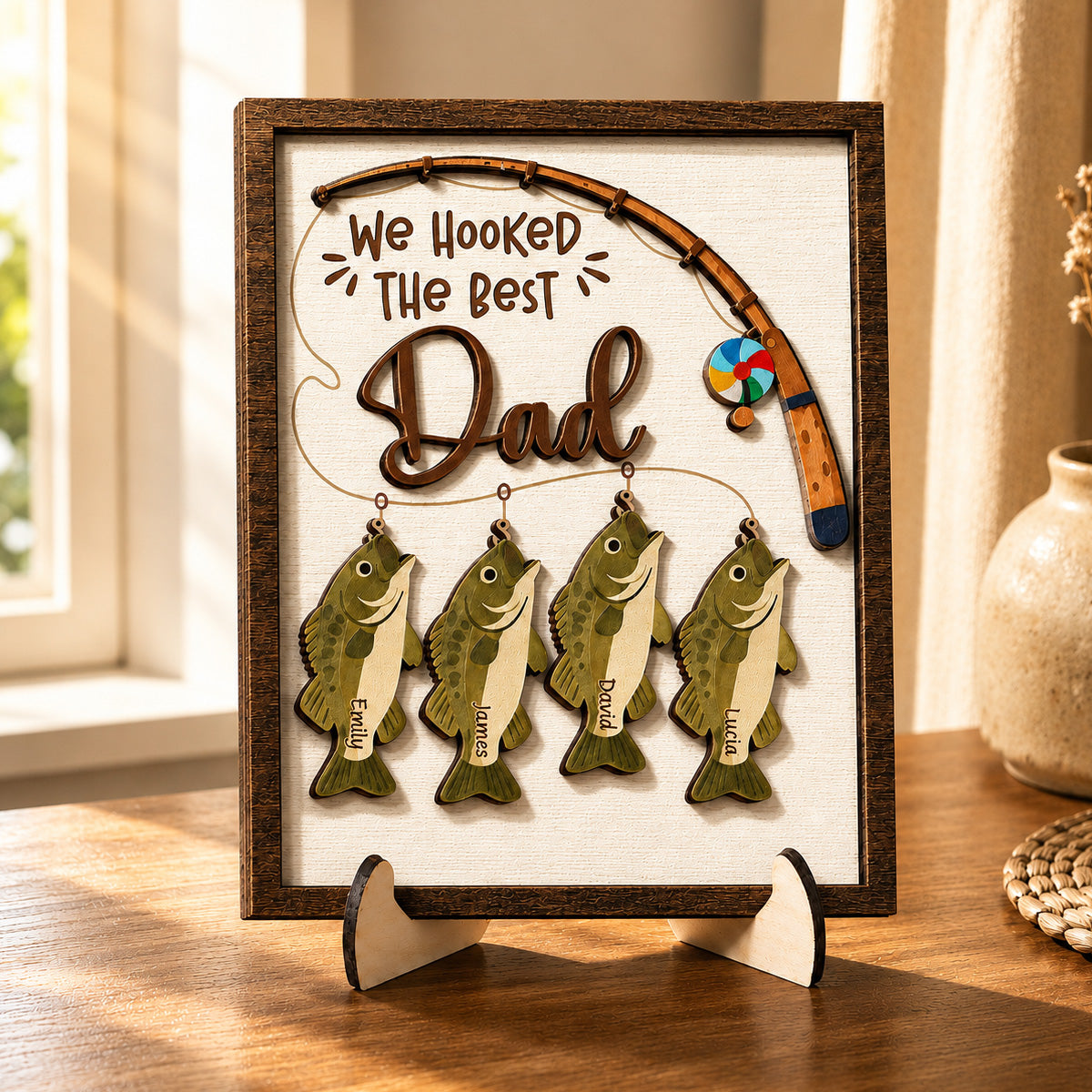 Personalized fishing plaque for dad with custom kids names on wooden bass fish tokens