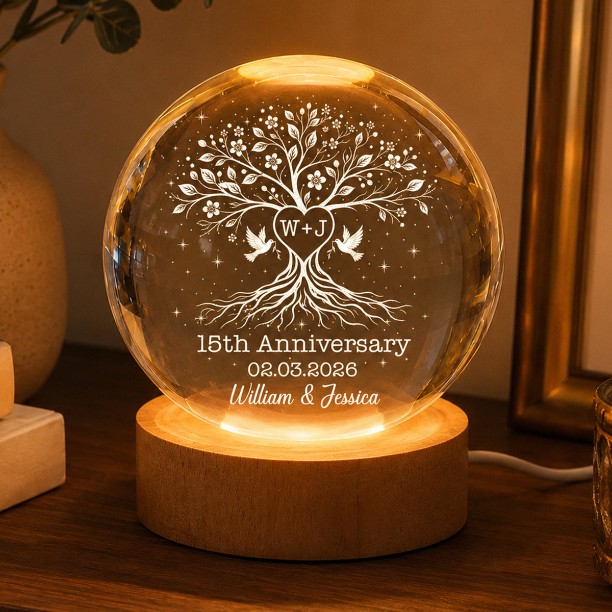 Personalized Anniversary Crystal Ball Night Light personalization view for Wife