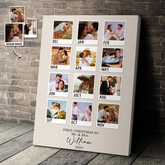 Custom Monthly Photo First Christmas As Mr & Mrs - Personalized Customized Canvas - Gifts For Couple