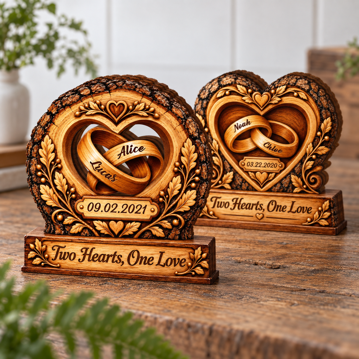 Two Hearts One Love Rings Personalized Wooden Block - Anniversary Gift for Couples