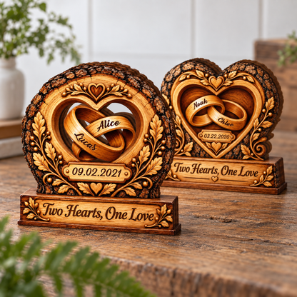 Two Hearts One Love Rings Personalized Wooden Block - Anniversary Gift for Couples