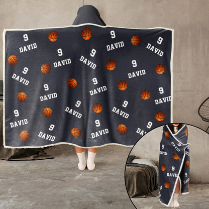 Personalized Basketball Sherpa Blanket - Custom Name Hooded Blanket, Gift for Basketball Fans