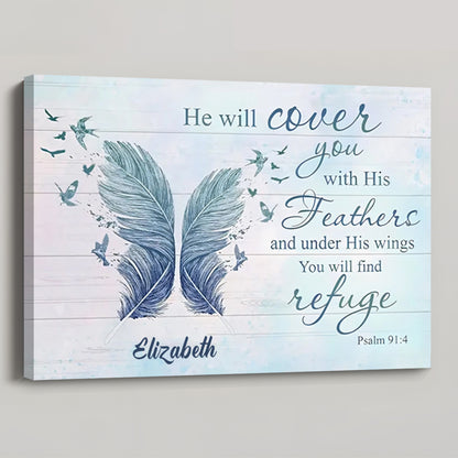 He Will Cover You With His Feathers - Personalized Custom Bible Verse Wall Art Canvas / Poster