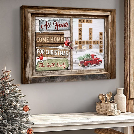Personalized "All Hearts Come Home for Christmas" Vintage Poster / Canvas - Custom Family Christmas Gift