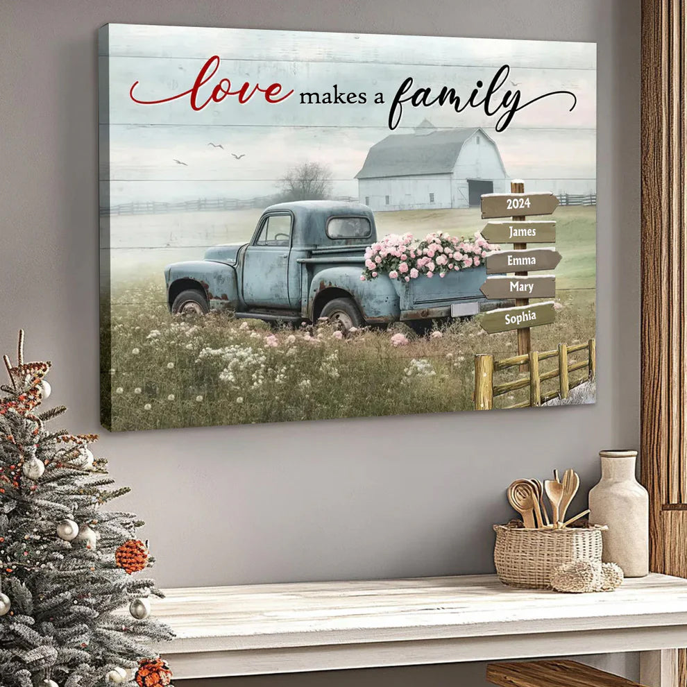 Heartfelt Personalized Family Canvas / Poster: 'Love Makes a Family' Rustic Wall Art