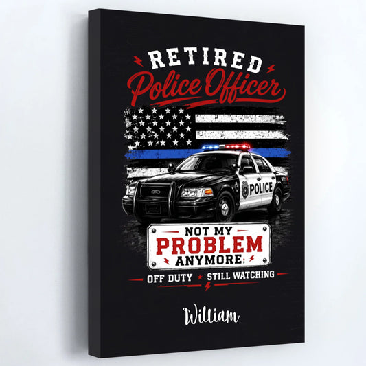 Personalized retired police officer canvas featuring a police car and thin blue line flag - unique retirement gift for dad