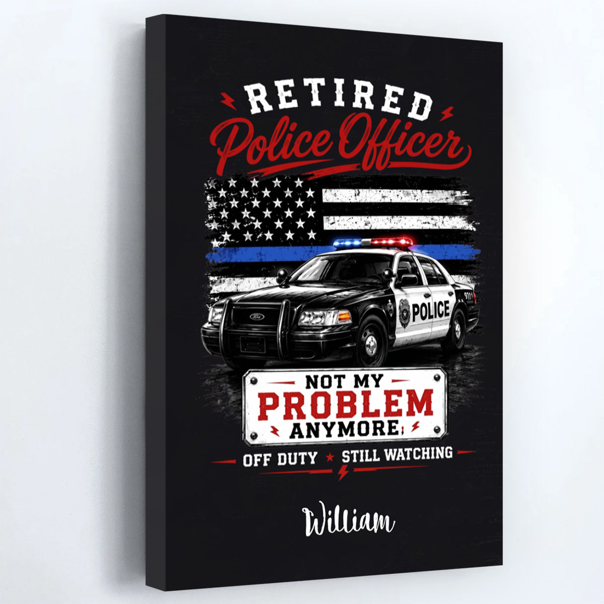 Personalized retired police officer canvas featuring a police car and thin blue line flag - unique retirement gift for dad