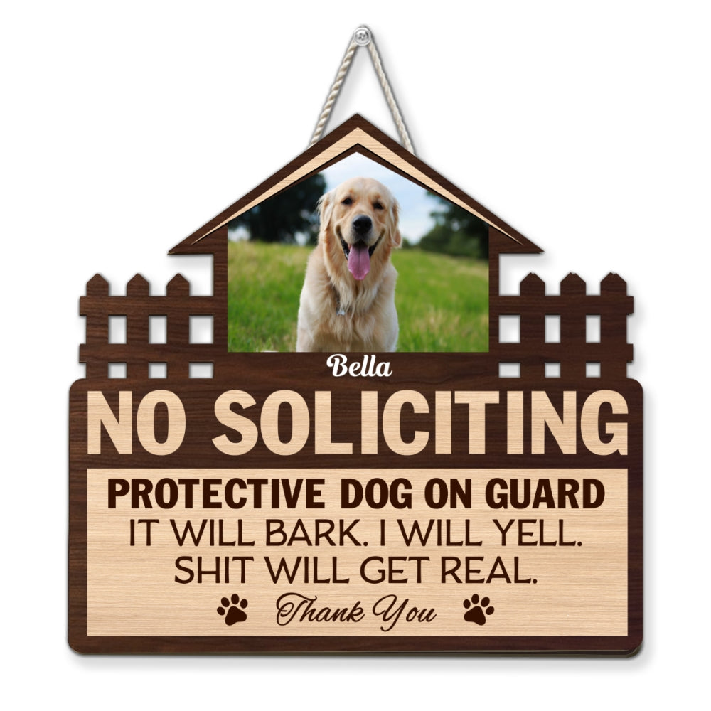 Personalized dog no soliciting sign with custom pet photo and funny protective dog quote for front door porch decor image 6