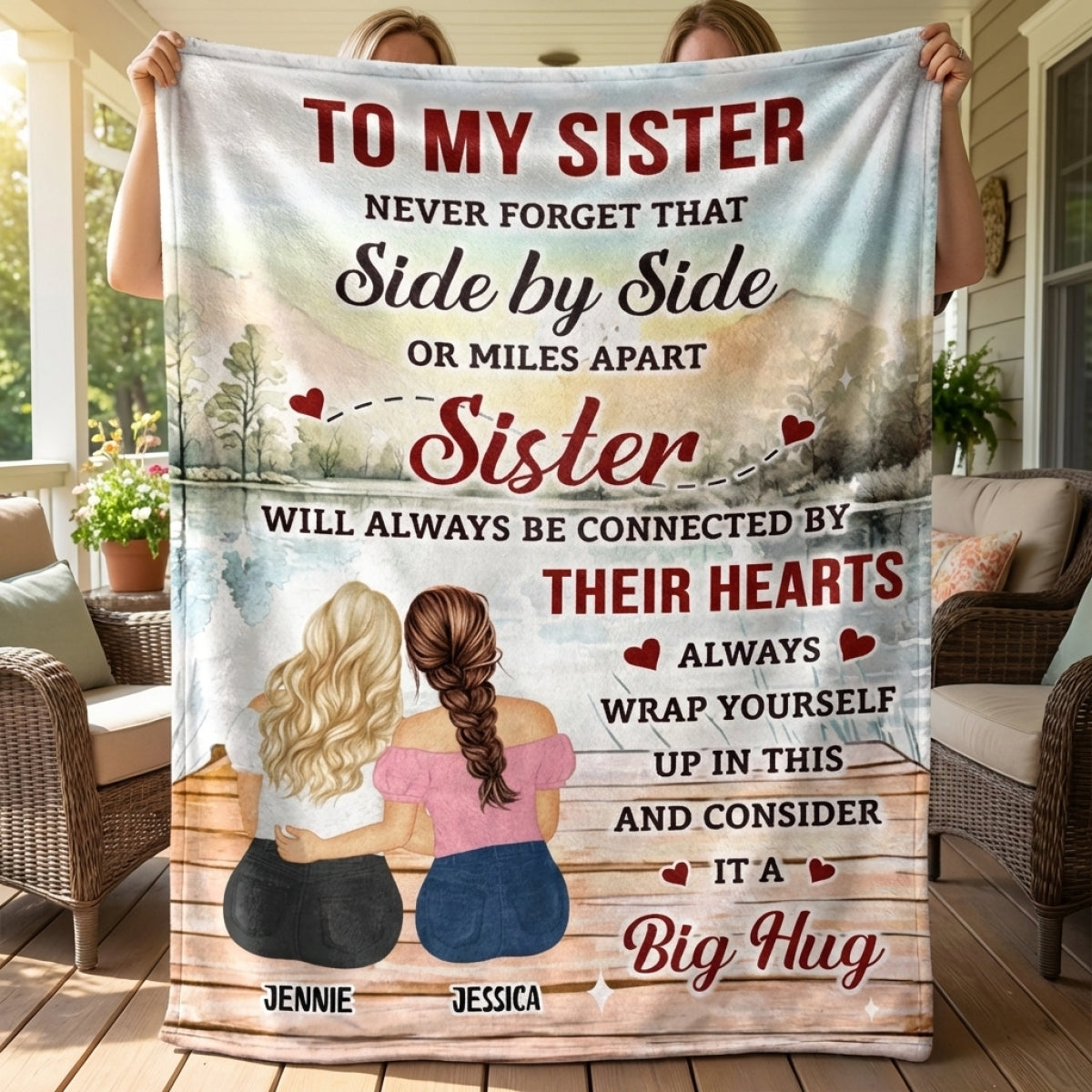 Personalized Sister Blanket: "Side by Side or Miles Apart" Hug Gift