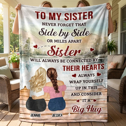 Personalized Sister Blanket: "Side by Side or Miles Apart" Hug Gift