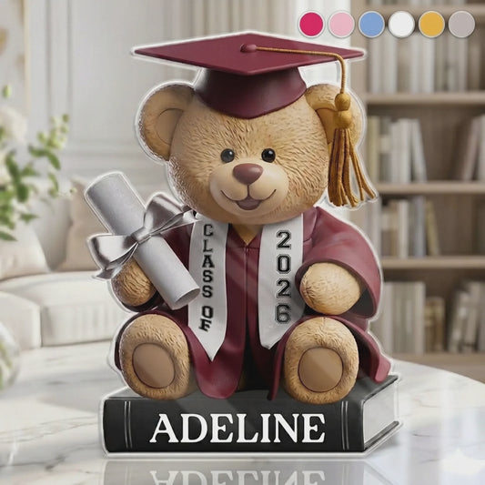 Personalized Graduation Acrylic Plaque featuring a cute bear in a cap and gown for the Class of 2026.