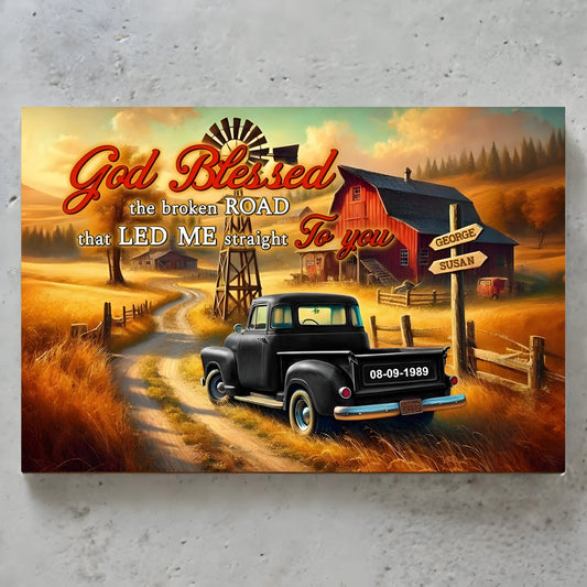 Custom Couple Canvas: "God Blessed The Broken Road" Personalized Wall Art