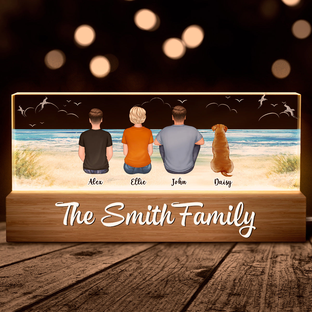 Family Sitting Beach Landscape - Customized Personalized Acrylic LED Night Light - Gifts For Family