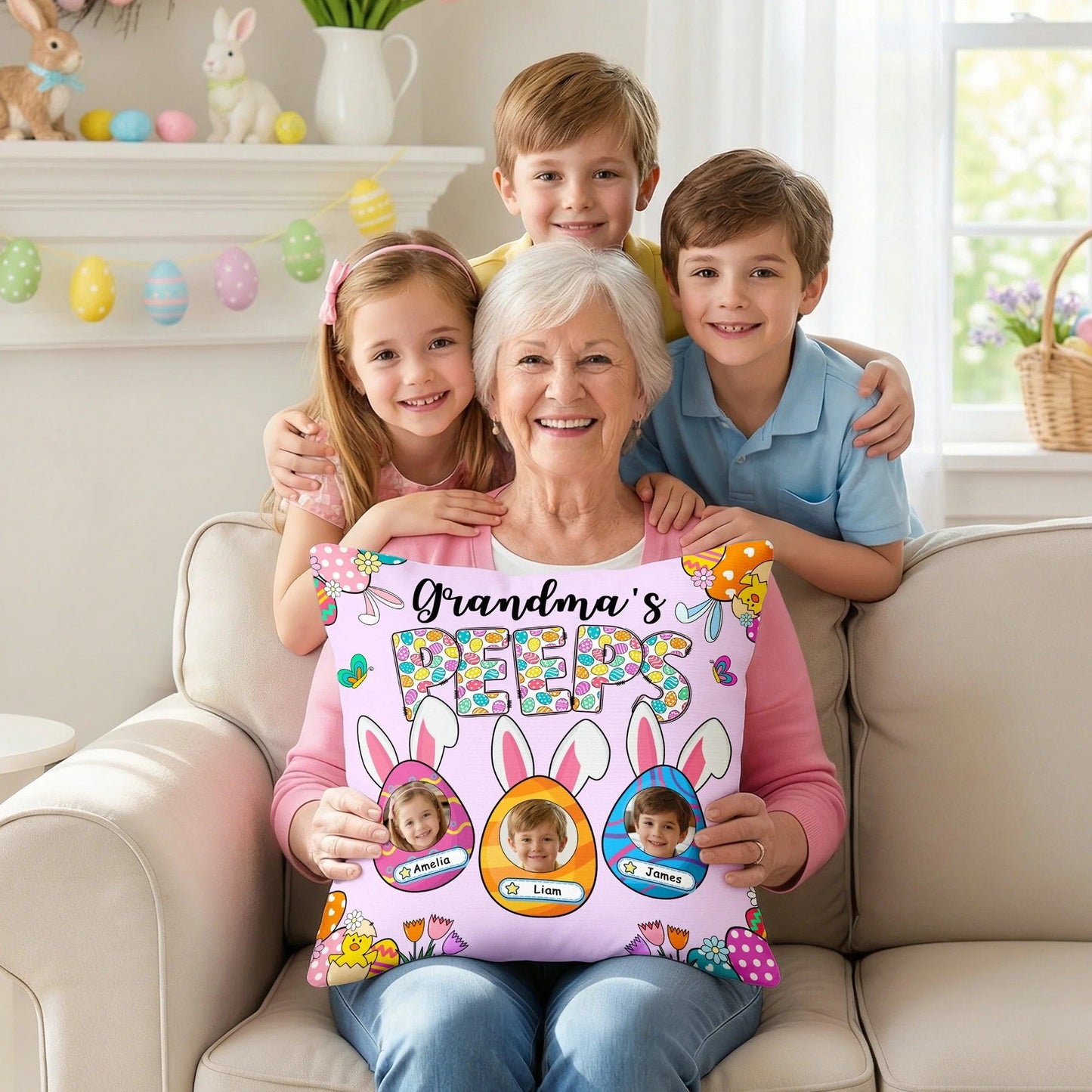 Grandma's Bunnies Ears - Personalized Easter Eggs Photo Pillow