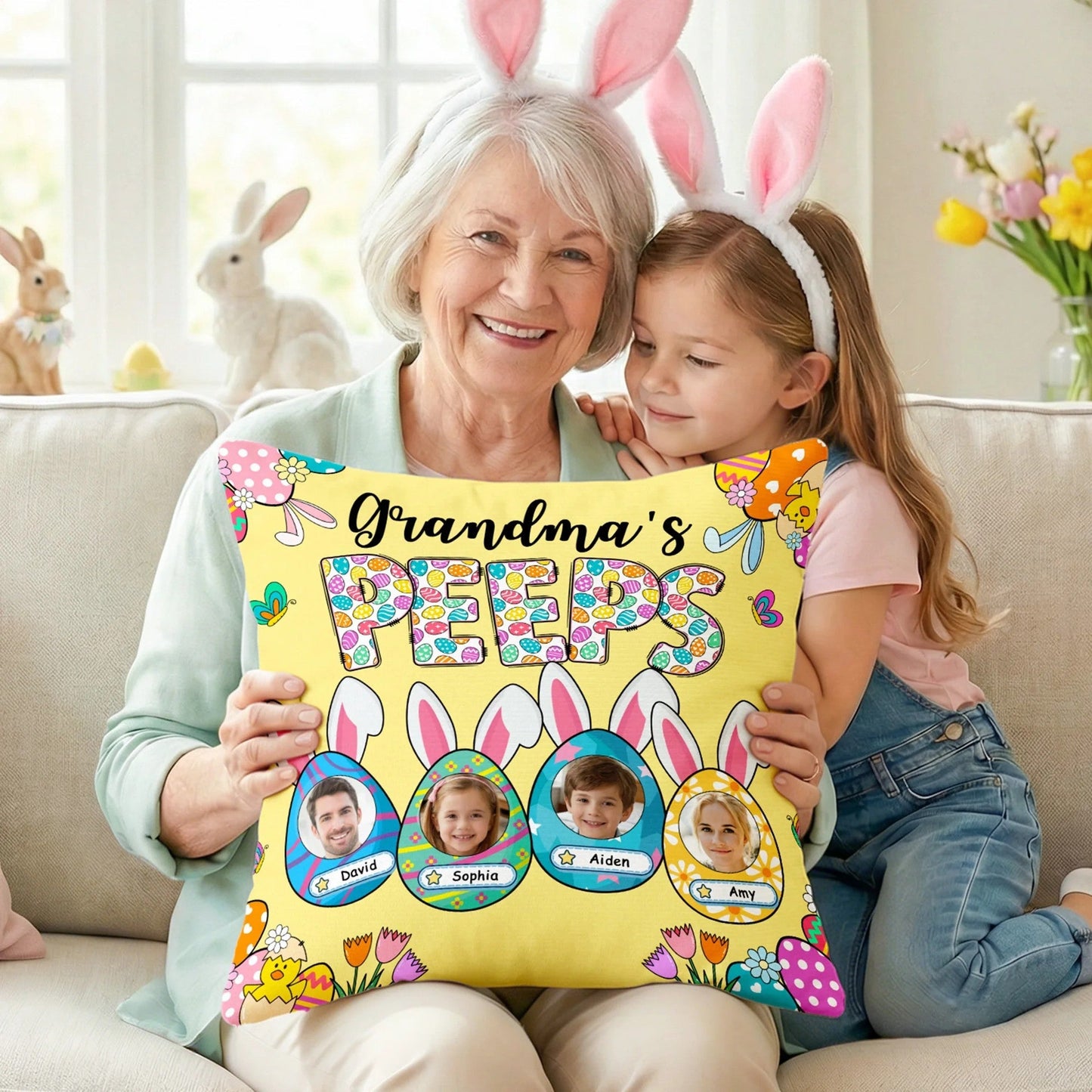 Grandma's Bunnies Ears - Personalized Easter Eggs Photo Pillow