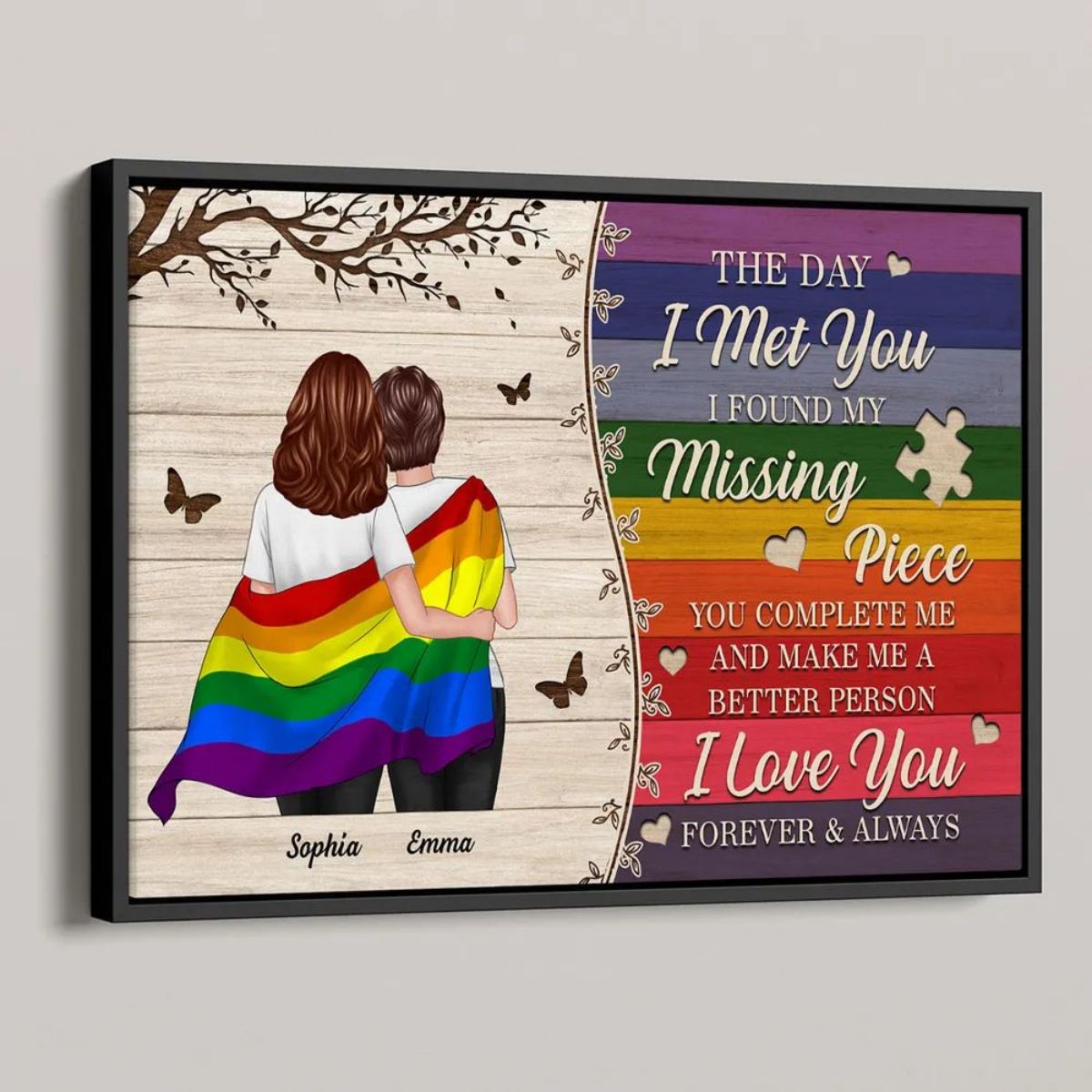 Colorful Wood Pallets The Day I Met You - Personalized LGBTQ Couple Hugging Flag Poster / Canvas