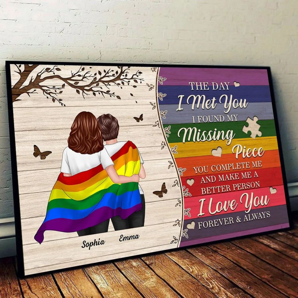 Colorful Wood Pallets The Day I Met You - Personalized LGBTQ Couple Hugging Flag Poster / Canvas