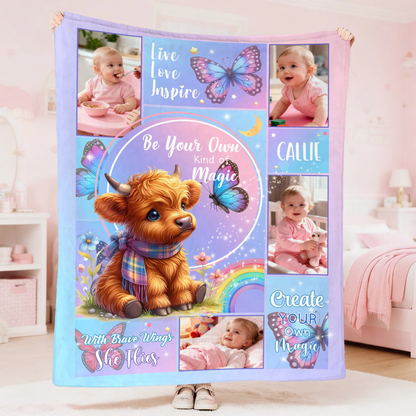 Personalized Floral Highland Cow Butterfly Soft Throw Blanket - Custom With Name and Photos
