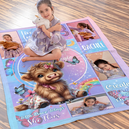 Personalized Floral Highland Cow Butterfly Soft Throw Blanket - Custom With Name and Photos