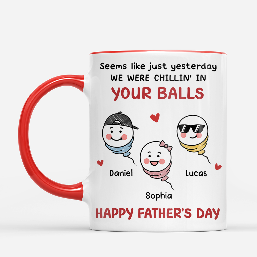 Personalized Chillin In Your Balls Mug featuring cute sperm characters with custom names for Father's Day