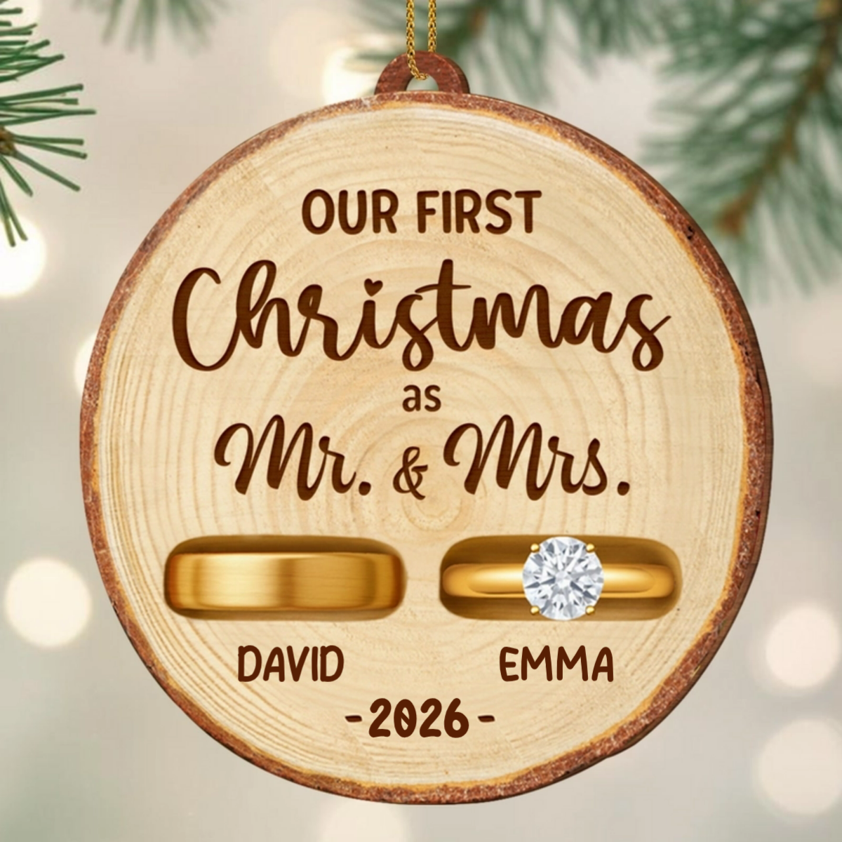 "Our First Christmas As Mr & Mrs" Personalized Wood Ornament - Custom Newlywed Couple Gift