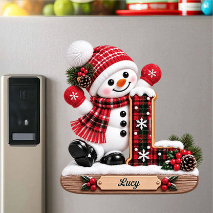 Our Little Snowman Alphabet Initial & Plaid Design Personalized Sticker - Custom Holiday Keepsake Gift for Kids & Family