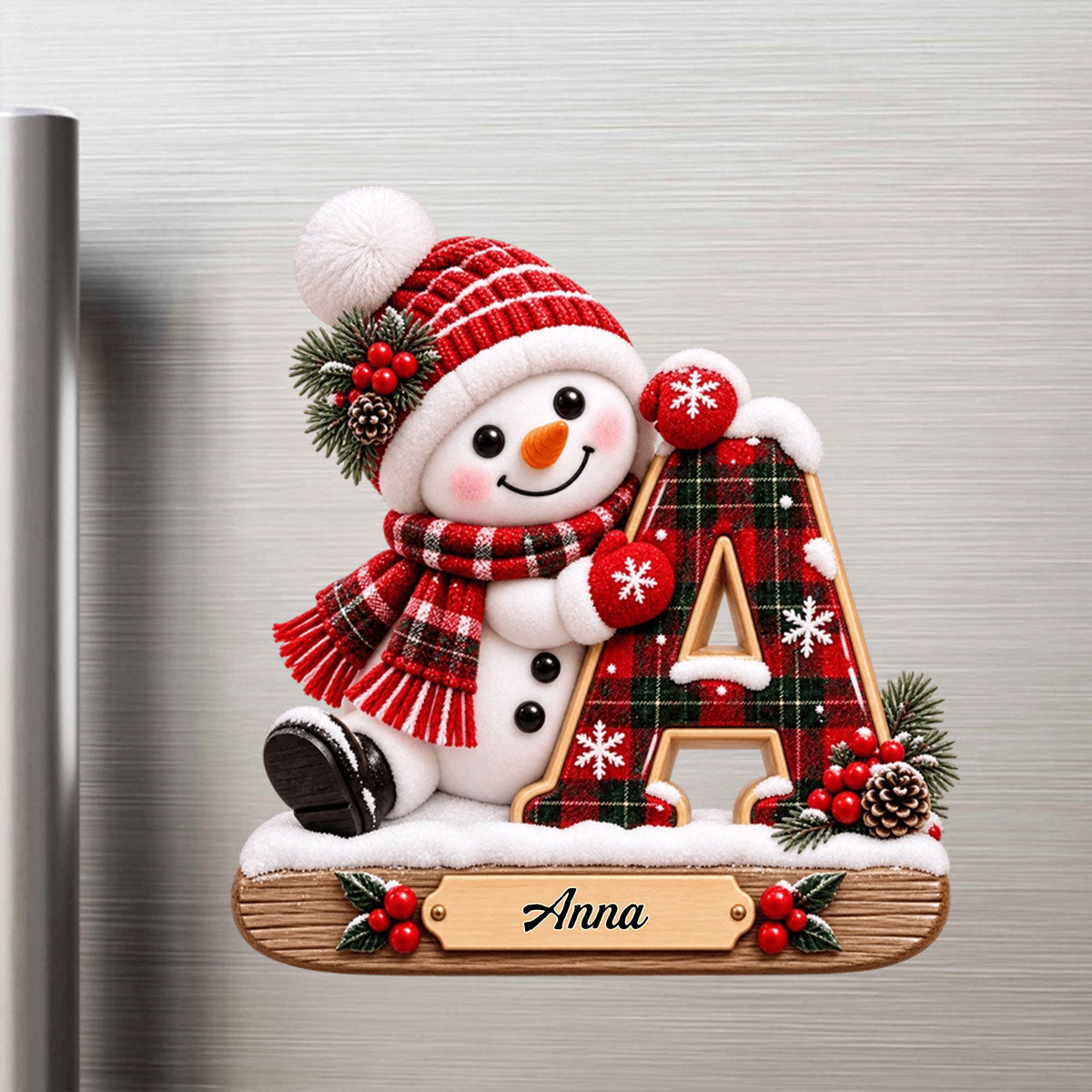 Our Little Snowman Alphabet Initial & Plaid Design Personalized Sticker - Custom Holiday Keepsake Gift for Kids & Family