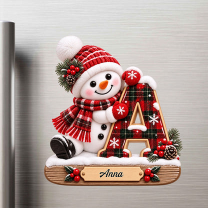 Our Little Snowman Alphabet Initial & Plaid Design Personalized Sticker - Custom Holiday Keepsake Gift for Kids & Family