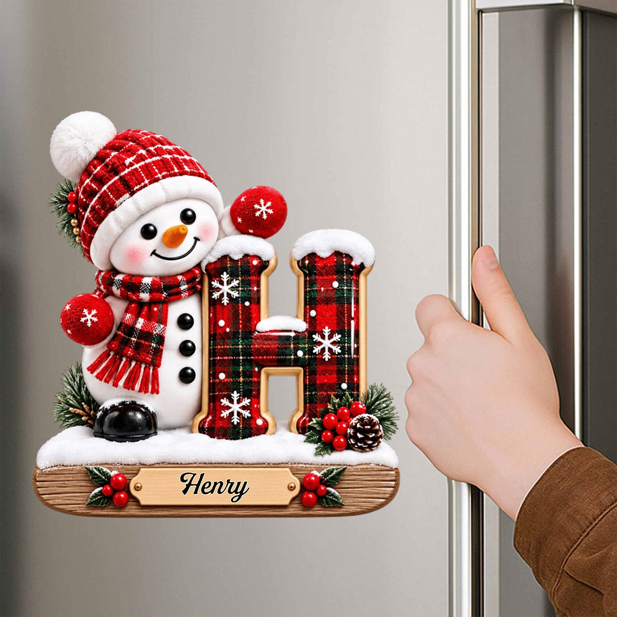 Our Little Snowman Alphabet Initial & Plaid Design Personalized Sticker - Custom Holiday Keepsake Gift for Kids & Family
