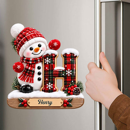 Our Little Snowman Alphabet Initial & Plaid Design Personalized Sticker - Custom Holiday Keepsake Gift for Kids & Family