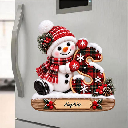 Our Little Snowman Alphabet Initial & Plaid Design Personalized Sticker - Custom Holiday Keepsake Gift for Kids & Family