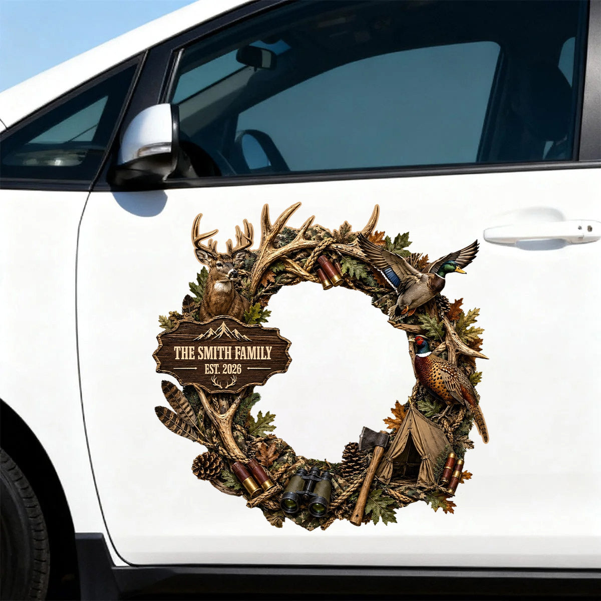 Our Family Est. Custom Hunting Wreath Sticker - Personalized Deer & Duck Rustic Car Decal