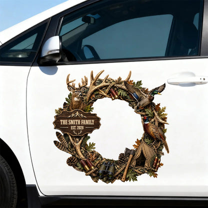 Our Family Est. Custom Hunting Wreath Sticker - Personalized Deer & Duck Rustic Car Decal