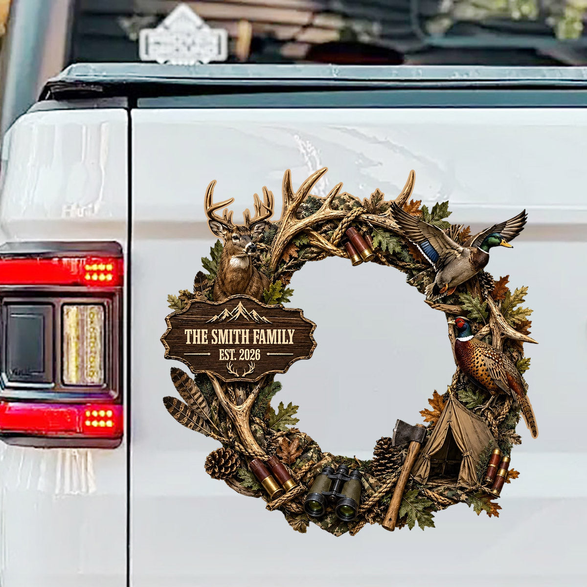Our Family Est. Custom Hunting Wreath Sticker - Personalized Deer & Duck Rustic Car Decal