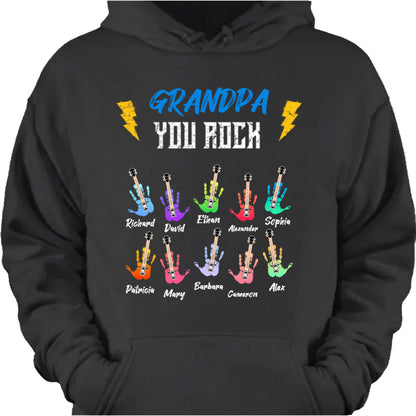 Grandpa You Rock Personalized Shirt - Custom Grandkids Name Guitar Graphic Hoodie Gift for Grandpa