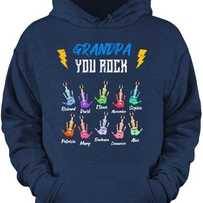 Grandpa You Rock Personalized Shirt - Custom Grandkids Name Guitar Graphic Hoodie Gift for Grandpa