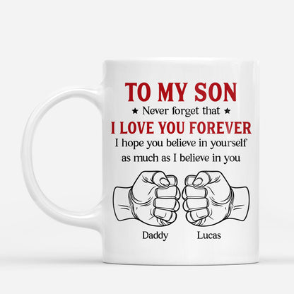 Personalized I Love You Forever mug featuring custom daddy and kids fist bump illustration