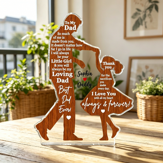 Personalized dad acrylic plaque with a custom wood texture silhouette of a father dancing with his daughter