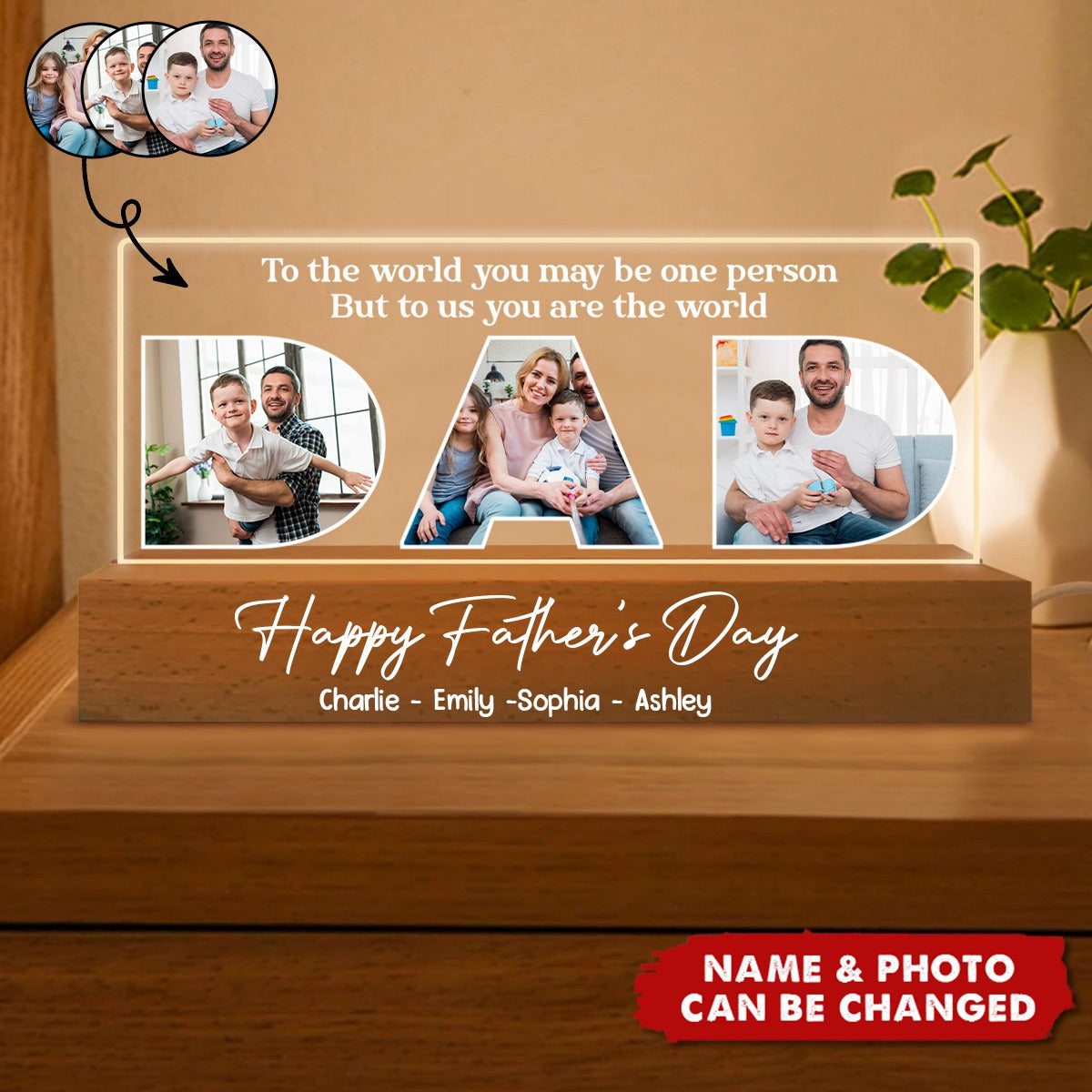 Personalized DAD photo night light with custom pictures on acrylic plaque for Father's Day gift