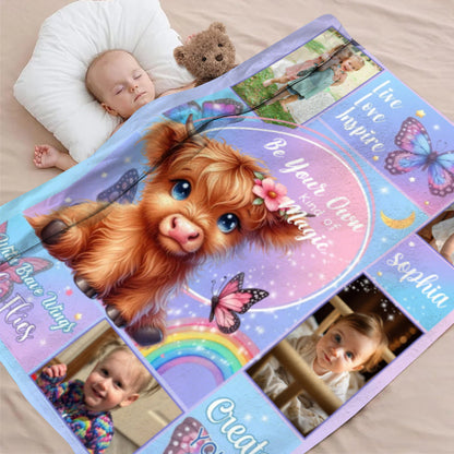 Personalized Floral Highland Cow Butterfly Soft Throw Blanket - Custom With Name and Photos