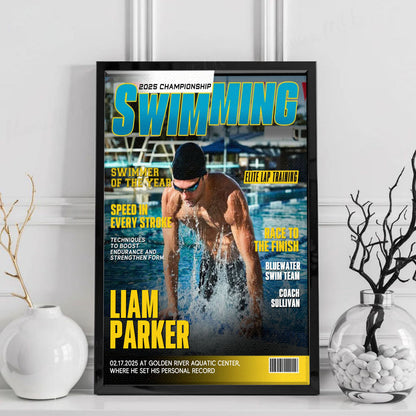 Personalized Swimming Magazine Cover Poster / Canvas - Custom Gift for Swimmers & Teams