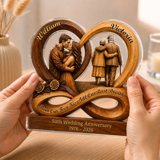 Personalized 50th anniversary gift custom acrylic plaque showing young and elderly couple kissing and walking together