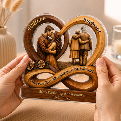 Personalized 50th anniversary gift custom acrylic plaque showing young and elderly couple kissing and walking together