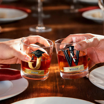 Personalized Graduation Cap Initial Whiskey Glass - Gift For Graduates & Whiskey Lovers